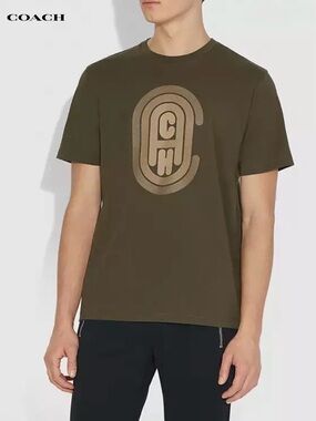 Coach Graphic Logo T-Shirt Olive Green Cotton Crew Neck Men’s Size S GUC